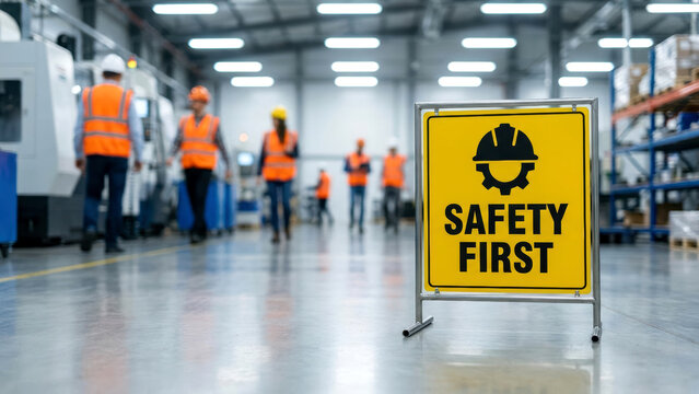 Factory Floor Safety Workers in PPE, Safety First Sign for Workplace Hazard Prevention