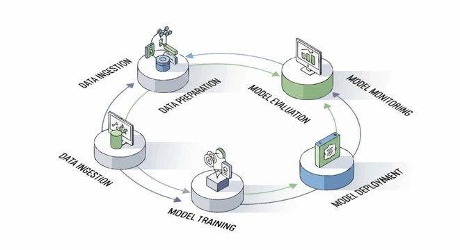 A cyclical process of model development and deployment.
