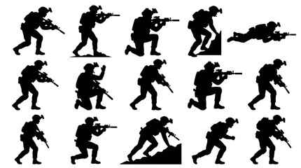 Obraz premium Military Soldier Silhouette Set: Action Poses with Weapons, Vector Art