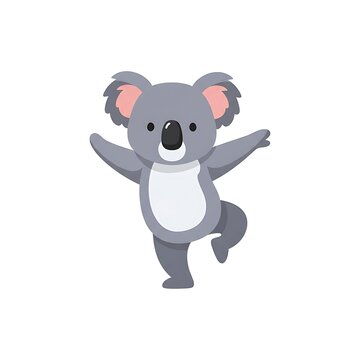 Adorable cartoon koala standing on one leg with arms outstretched. Flat illustration depicting a happy marsupial balancing and expressing joy. Simple design on white background