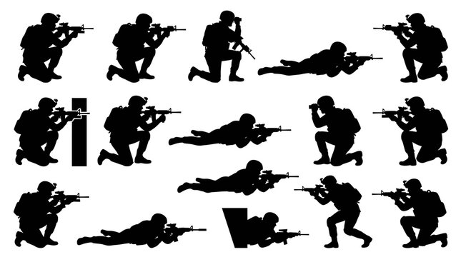 Military Soldiers Silhouettes Vector Set with Rifles in Various Combat Poses