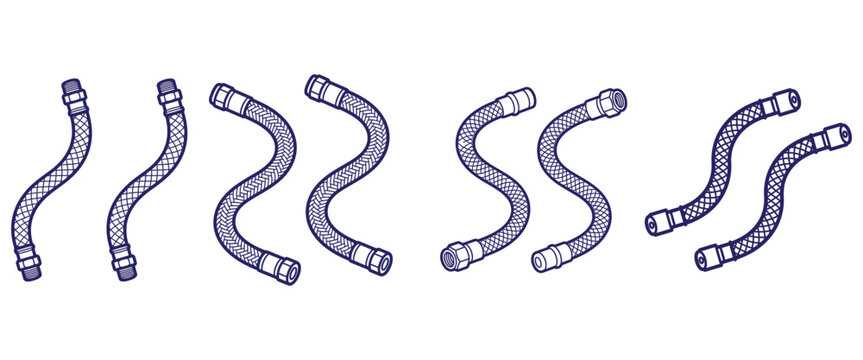 Series of blue-outlined flexible hoses with various bends, illustrating diverse plumbing and industrial applications.