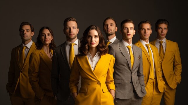 Team of professionals in yellow and gray suits posing together in a studio setting with dramatic lighting