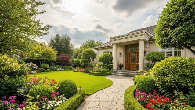 A beautiful house with a well-manicured garden and a stone pathway