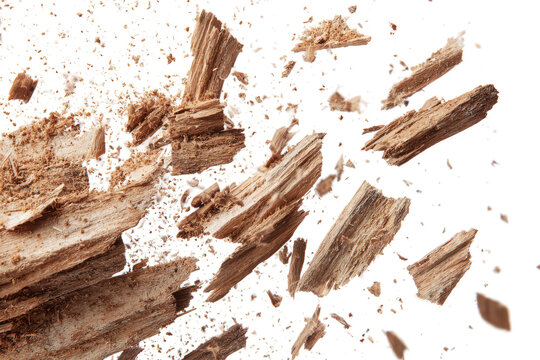 Flying wood splinters and dust in mid-air explosion
