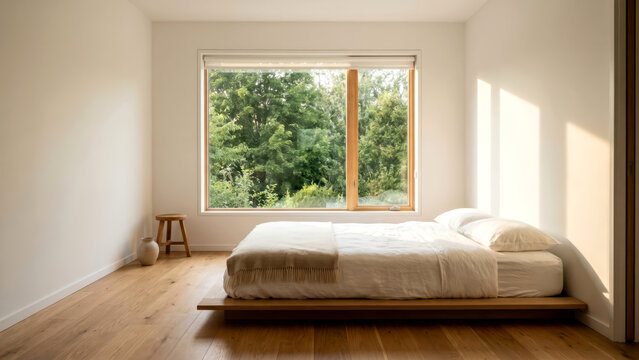 Bright modern bedroom with nature views Bed and sunlight in a minimalist sanctuary