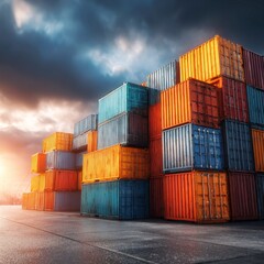 Fototapeta premium Vibrant Shipping Containers Stacked Under Dramatic Sky at Dusk