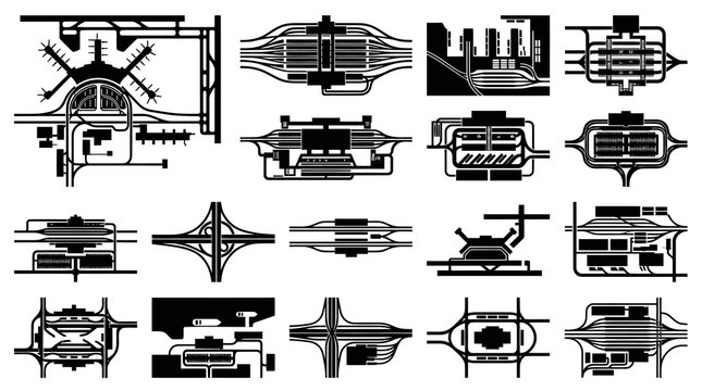Transportation Infrastructure Layouts, Road Junctions,  Hubs - Black  White Line Art Vector Icons