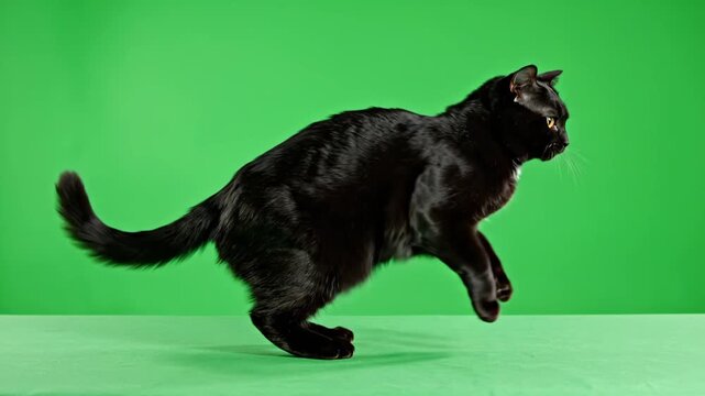 A sleek black cat performs a dynamic jump and landing against a bright green studio background.