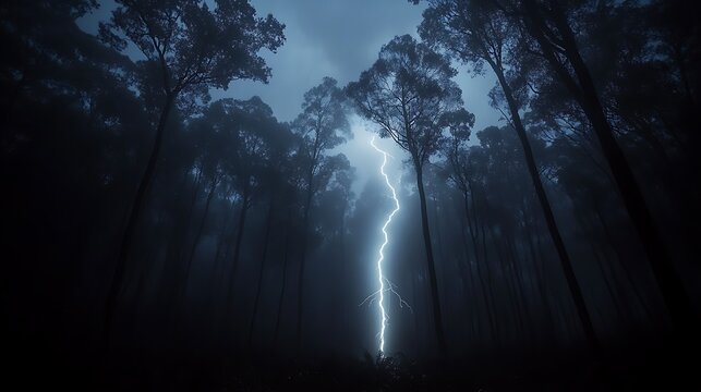 A Powerful Lightning Strike Illuminates a Dark and Misty Forest Scape