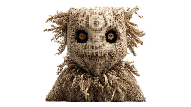 Creepy burlap doll head with stitched smile