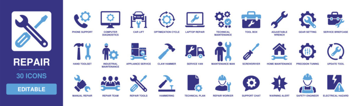 Repair icon set featuring vectors for computer diagnostics, tool box, wrench, technical maintenance, service van, screwdriver, hammer, home repair, and industrial support.