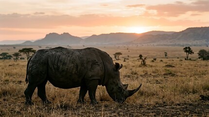 Obraz premium Wild Rhinoceros Grazing in African Savannah at Sunset