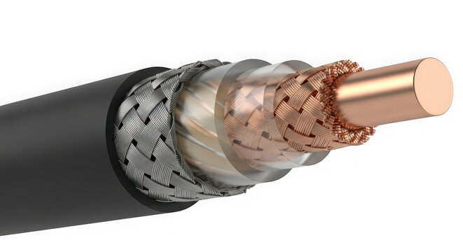A close up view of an industrial coaxial electric cable featuring a solid copper core conductor isolated on transparent background