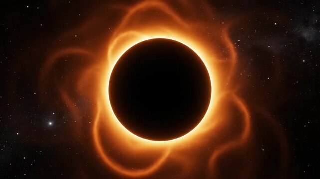 A stunning animation of a solar eclipse featuring a vibrant, fiery corona against a starry cosmic background