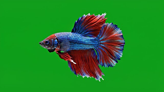 A stunning blue and red Siamese fighting fish, Betta splendens, swims gracefully on a green screen. Perfect for compositing into various aquatic or design projects.