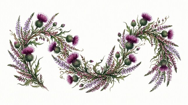Scottish Thistle and Heather Garland, a vibrant watercolor botanical illustration, traditional floral border design, purple and green nature-inspired decorative element for events and branding.