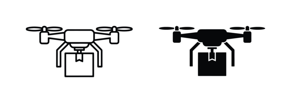 Delivery drone vector icons with cargo box, quadcopter shipping service symbols, unmanned aerial vehicle carrying package, logistics technology set