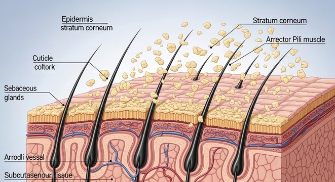 Detailed vector illustration of human hair follicles and skin layers, educational medical diagram