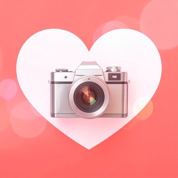Vintage silver camera in heart shape on soft pink gradient background