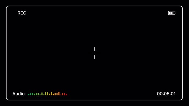 Minimal video recording interface with timer, audio, rec, battery, record for overlay. Camera recording screen with HUD minimal style for filming. Recording display overlay minimal design for media