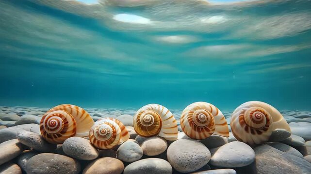 Beautiful Underwater Scene with Spiral Seashells on Smooth Pebbles and Clear Blue Water
