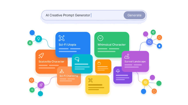 AI Creative Prompt Generator interface showing a network of colorful cards with creative themes such as Sci-Fi Utopia, Whimsical Character, Adventure Character, and Surreal Landscape.