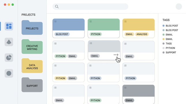 A digital interface displaying project folders and tagged content cards for organization and management.