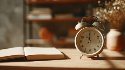 Naklejka premium Vintage alarm clock and open book on sunlit wooden desk