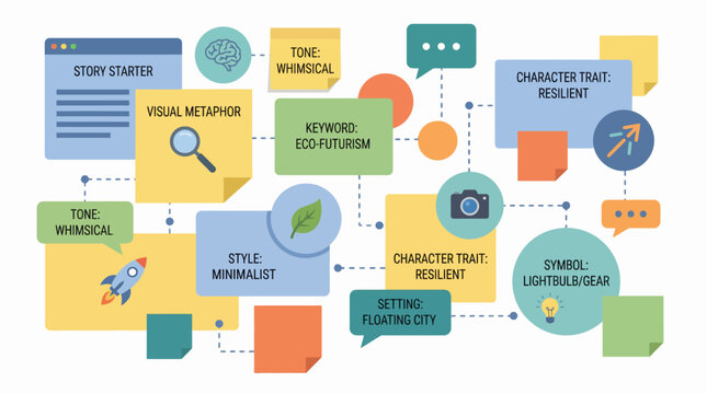 A colorful mind map illustrating creative brainstorming and concept development for a story or project, featuring interconnected ideas like eco-futurism, whimsical tone, and resilient characters.