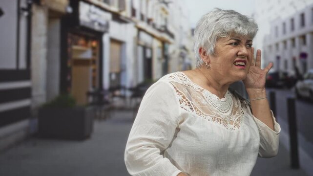 Woman, senior with grey hair and plus size figure, cups ear with hand and squints while trying to hear on street; hearing difficulty frustration.