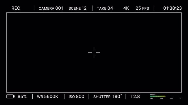 Minimal cinematic recording interface with scene, take, resolution, FPS, camera settings for overlay. Filmmaking recording screen overlay for editing. Video recording HUD modern flat for filming. 4K