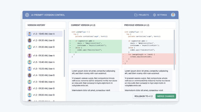 User interface displaying a version control system with code comparison and history log for software development.