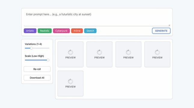 User interface of an AI image generation tool with prompt input, style buttons, and image preview placeholders.