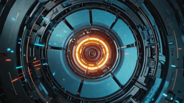 Futuristic Sci-Fi Cybernetic Core with Glowing Orange and Blue Lights in Digital Technology Concept Art