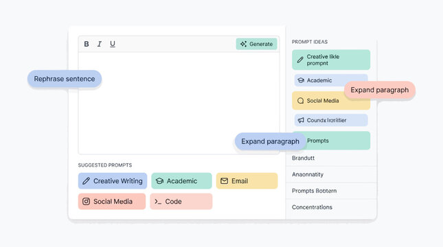 A user interface of an AI-powered writing assistant with text editing features, prompt ideas, and suggested prompts for various content types.