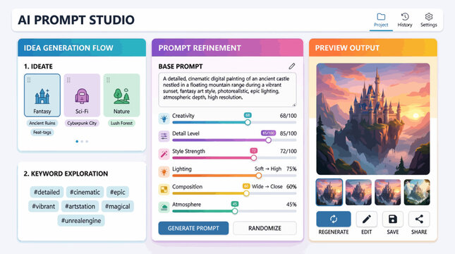 AI Prompt Studio user interface displaying prompt refinement options, idea generation flow, and a preview of an AI-generated fantasy castle image at sunset.
