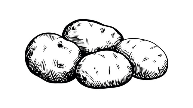 A simple yet detailed hand-drawn illustration showcases a group of four fresh, earthy potatoes with their natural imperfections, ready for cooking or harvest.
