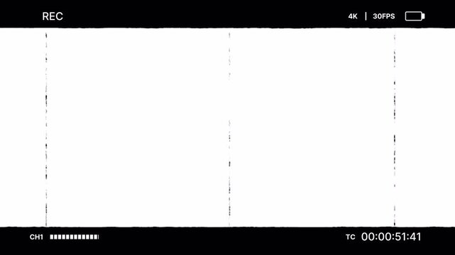 Retro camera recording interface with glitch distortion effect, REC indicator, timecode for overlay. Glitch video recording screen minimal design for cinematic. Camcorder modern HUD interface. 4K