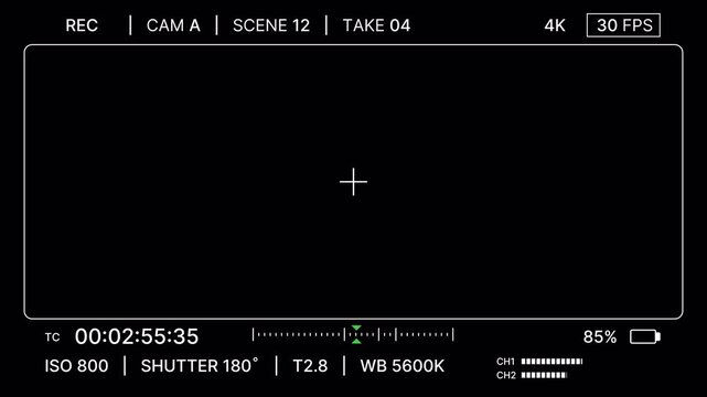 Minimal cinematic camera interface displaying scene, take, FPS, timecode, audio channels for overlay. Video production screen minimal design for editing. Camcorder HUD overlay modern design. 4K video