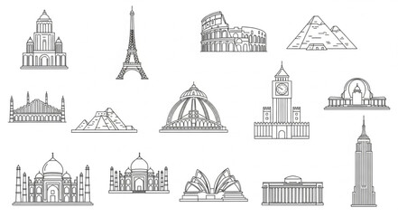 Naklejka premium Collection of famous architectural landmarks and monuments in sketch style.