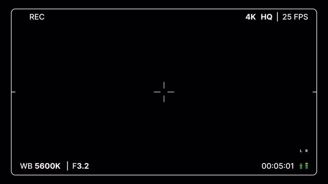 Camcorder recording screen with rec indicator, viewfinder frame, audio level for overlay. Cinematic recording screen with minimal HUD and monitoring. Film recording interface with modern frame. 4K