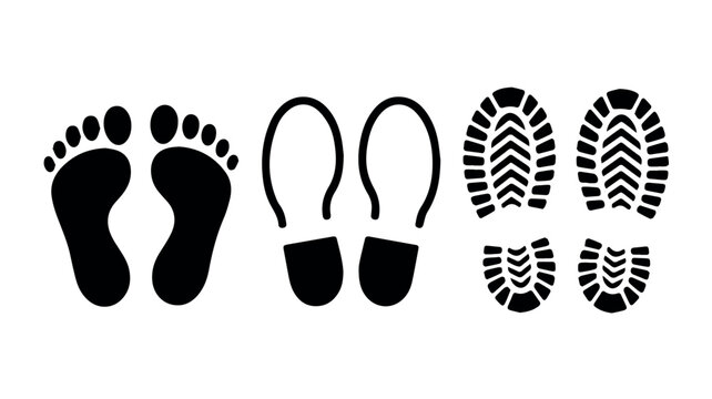 A clear visual comparison of three distinct types of footprints, including bare feet, shoe outlines, and detailed boot sole prints, showing different human tracks.