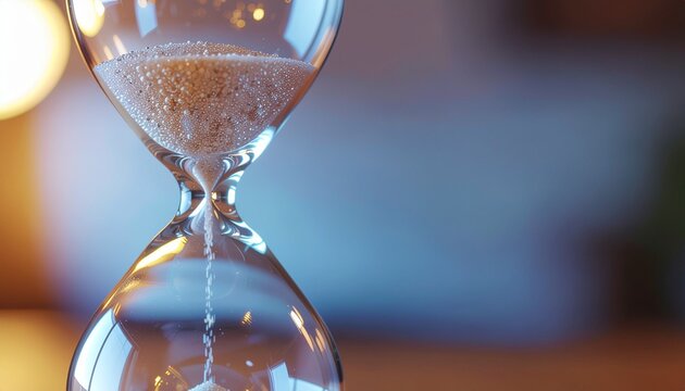 Macro shot of glass hourglass with falling sand and soft bokeh lights