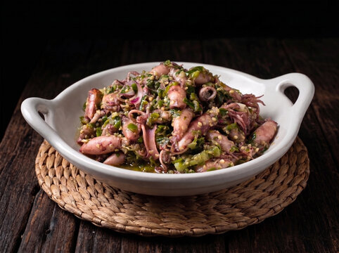 A close-up view of traditional Indonesian spicy green chili baby squid (sambal cumi cabe hijau) served in a white ceramic bowl on a rustic wooden table.