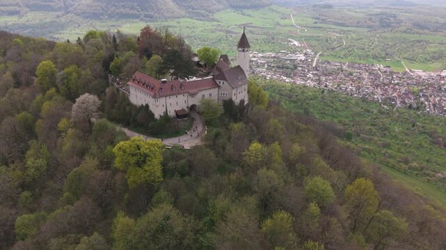 A flight above Kirchheim Teck towards the Castle Teck which is located high above the mountain 