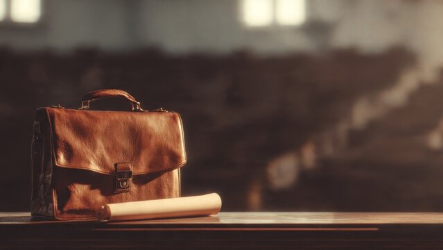Vintage Leather Briefcase and Scroll in a Sunlit Lecture Hall