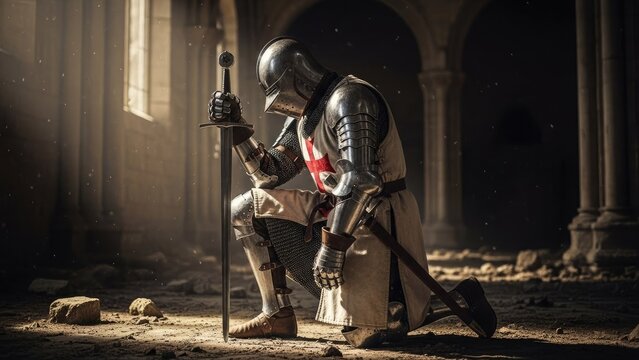 A medieval knight kneeling in prayer with his sword and armor