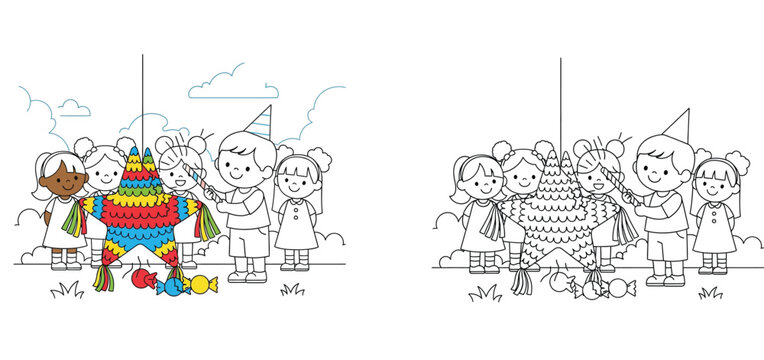 Happy Diverse Children Playing with Colorful Star Pinata at Birthday Party - Set of Illustration and Black and White Line Art Vector for Kids Coloring Page and Celebration Graphic Design