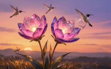 Obraz premium Magical hummingbirds dance around glowing purple flowers at golden